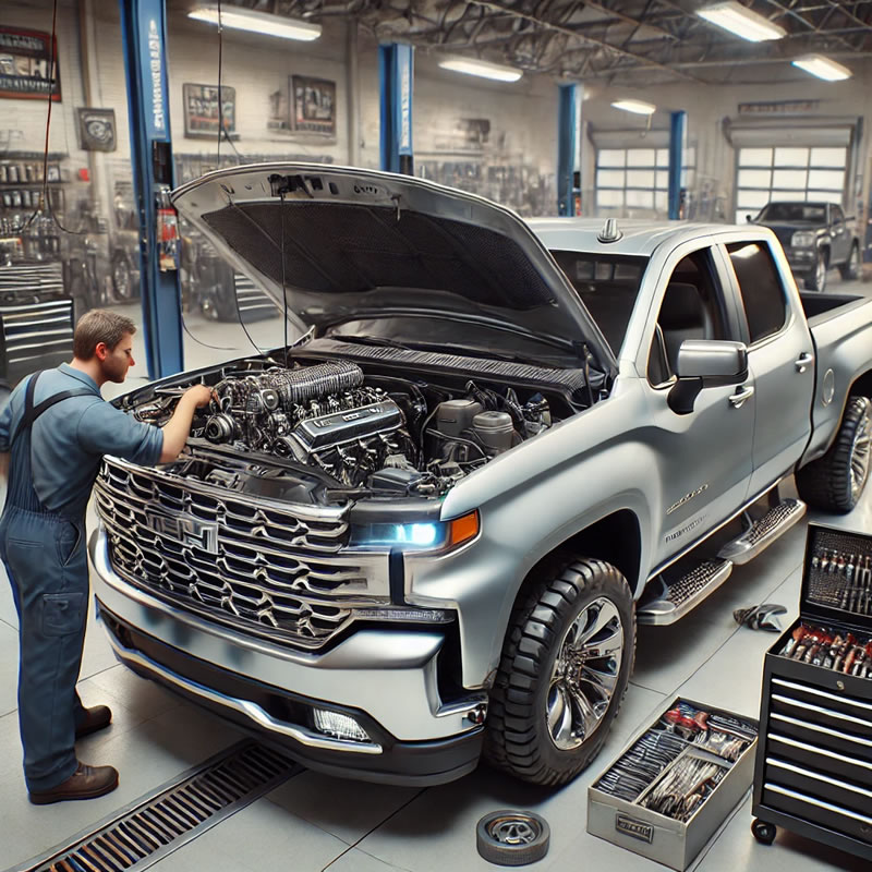 photo of diesel engine pickup truck being repaired